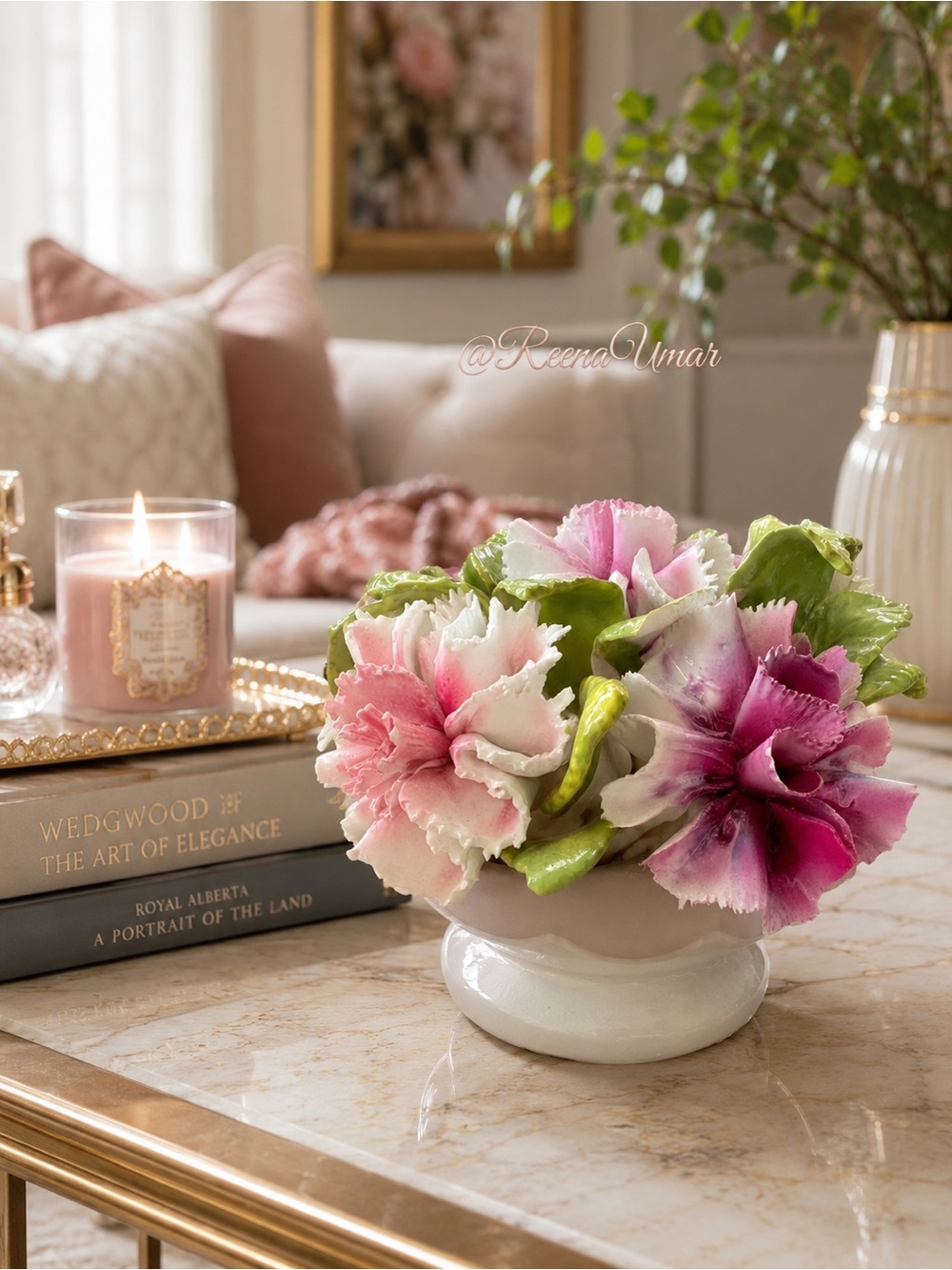 Staffordshire Porcelain Floral Centerpiece — Pink & Green Ceramic Bouquet